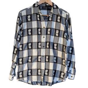 Krazy Kat Button-Down Flannel Shirt with Leaf Accents Women M Lumberjill Y2k 90s